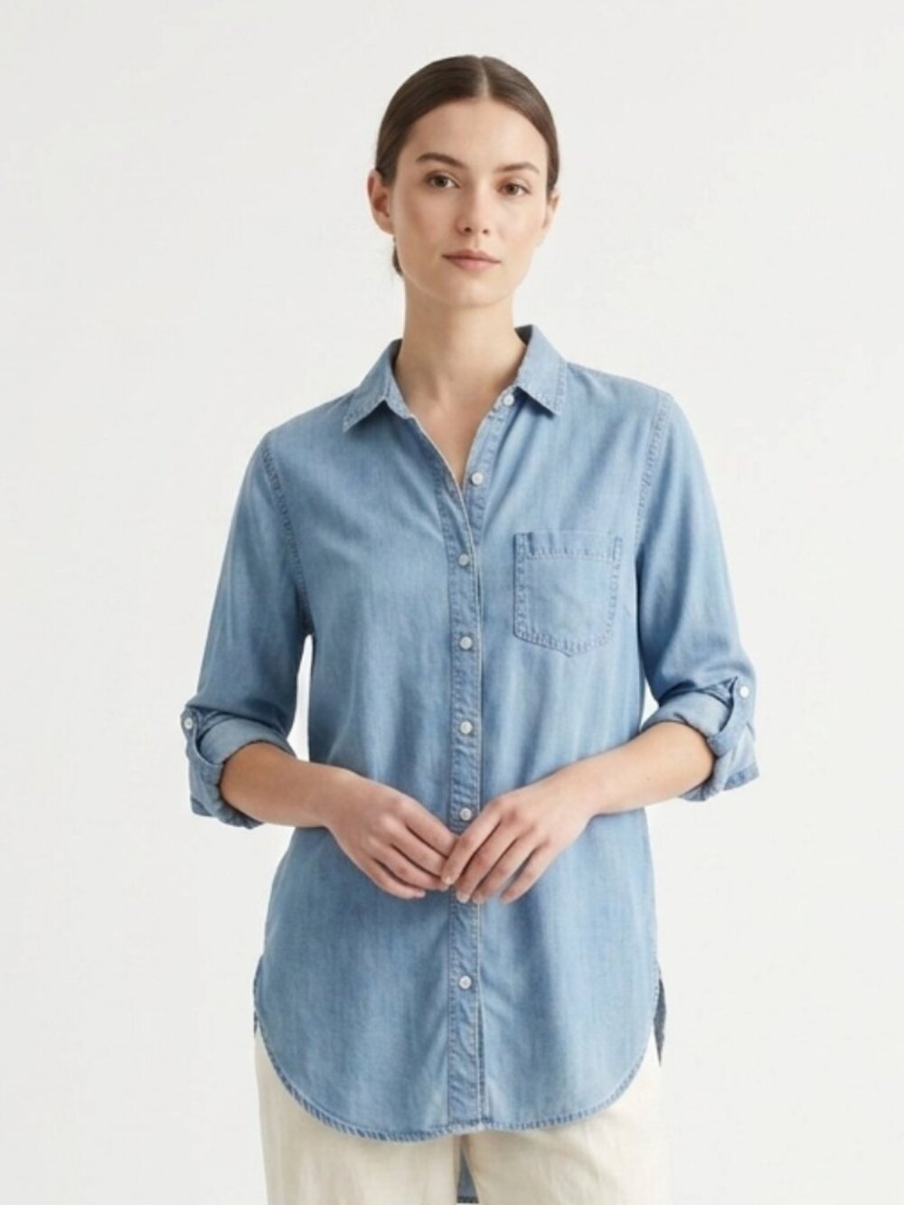 Sneak Peek Blouse Chambray Blue Tunic Casual Grunge XS NWT